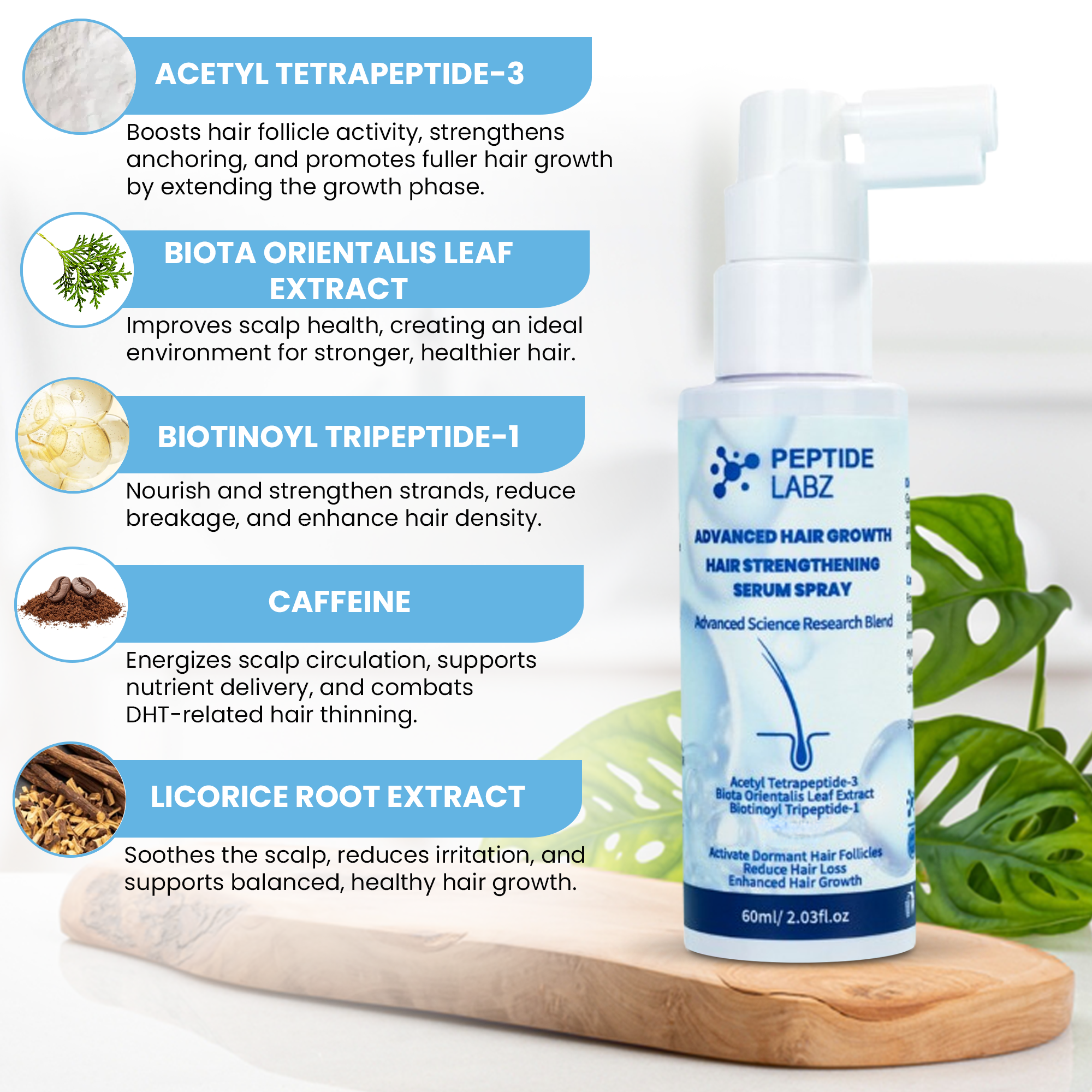 Hair Growth Serum Spray with Peptides, Acetyl Tetrapeptide-3, Biotin-GHK, Licorice Root Extract and Caffeine