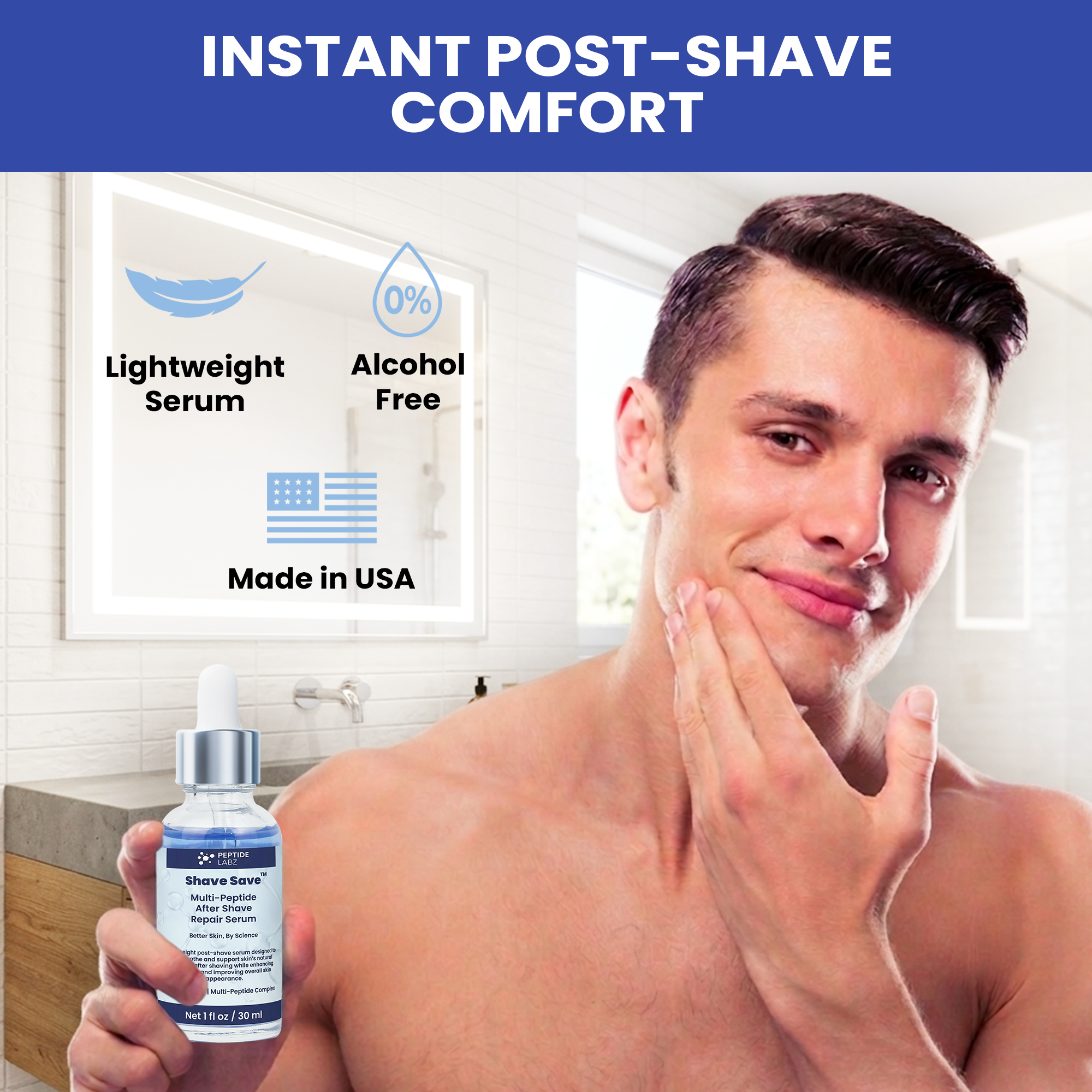 Shave Save™ Multi-Peptide After Shave Repair Serum | Copper Tripeptide-1, Hyaluronic Acid & Advanced Peptide Complex | Post-Shave Skin Hydration & Recovery Support