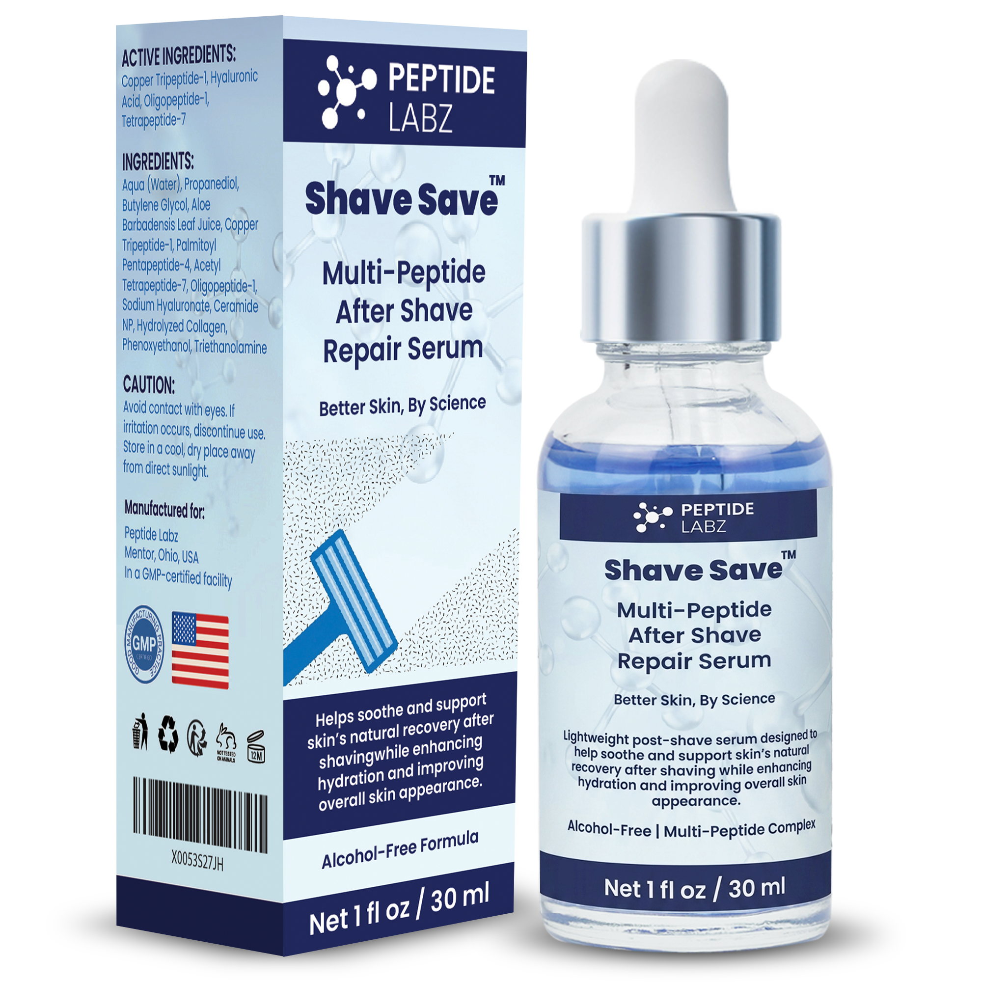 Shave Save™ Multi-Peptide After Shave Repair Serum | Copper Tripeptide-1, Hyaluronic Acid & Advanced Peptide Complex | Post-Shave Skin Hydration & Recovery Support