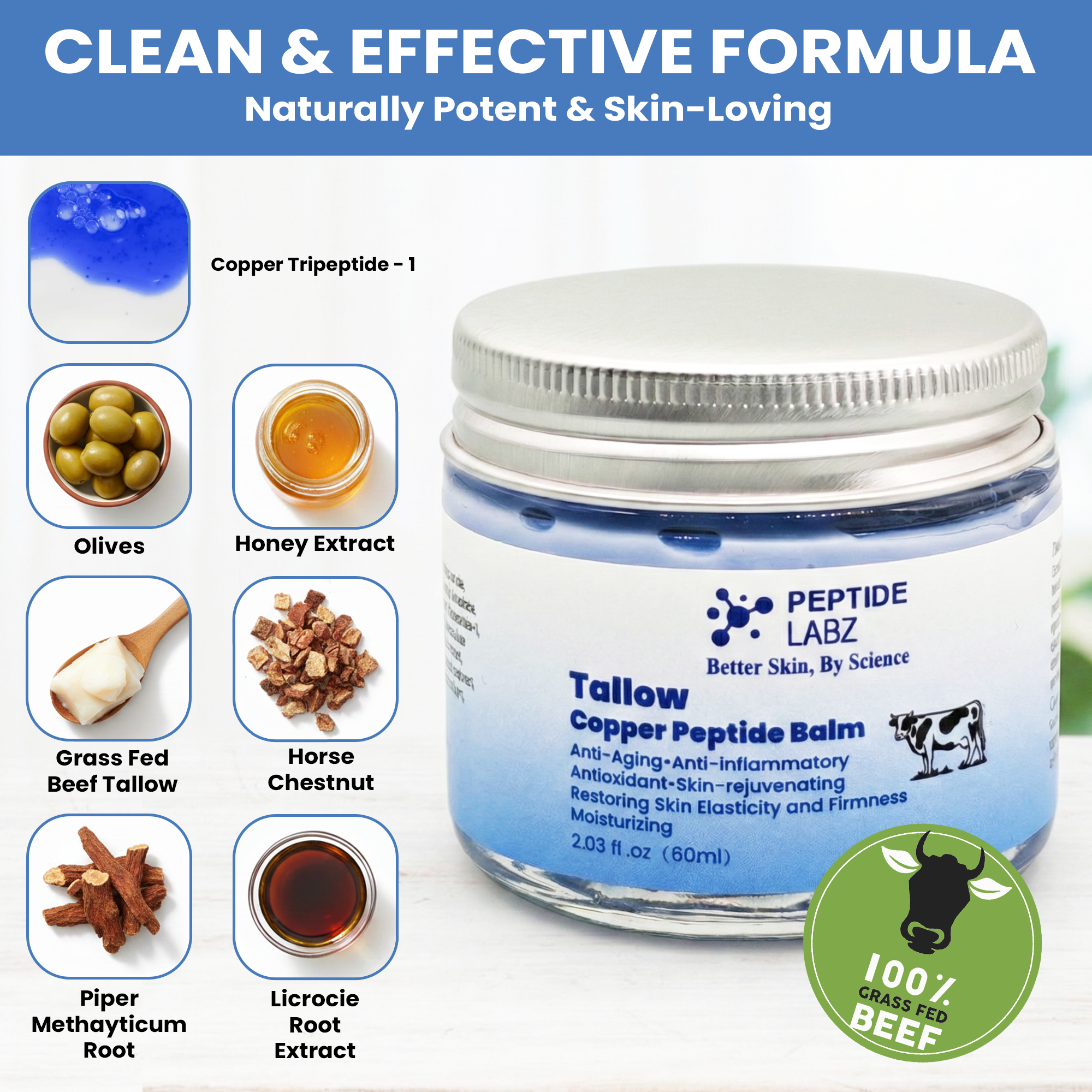 Copper Peptide Tallow Balm – Copper Tripeptide-1 (GHK-Cu), Grass-Fed Tallow, Honey Extract & Licorice Root
